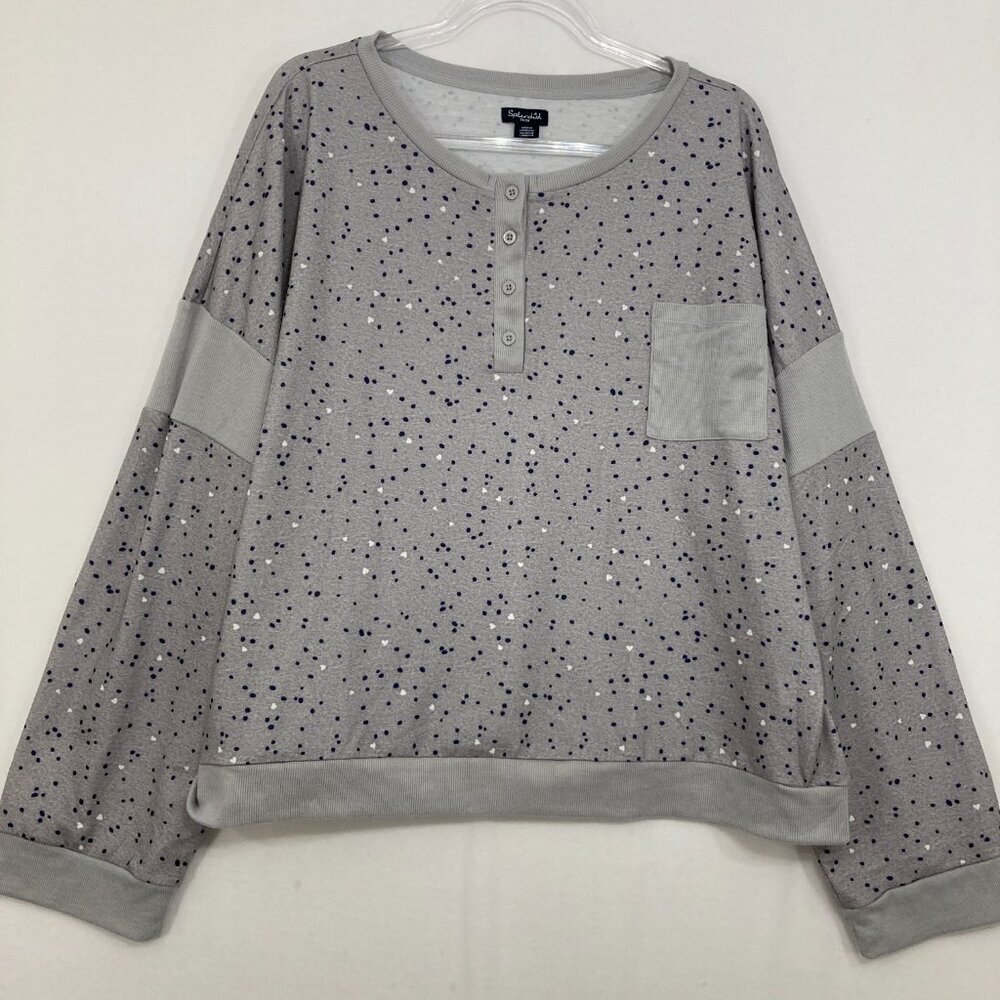 Splendid size 3X Gray Blue Polka Dot Henley Stretch Knit Long Sleeve Casual Top